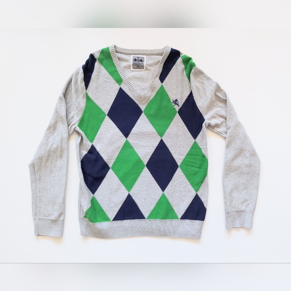 Express V Neck Pullover Argyle Spring Sweater Mens Size Medium Blue Green Gray